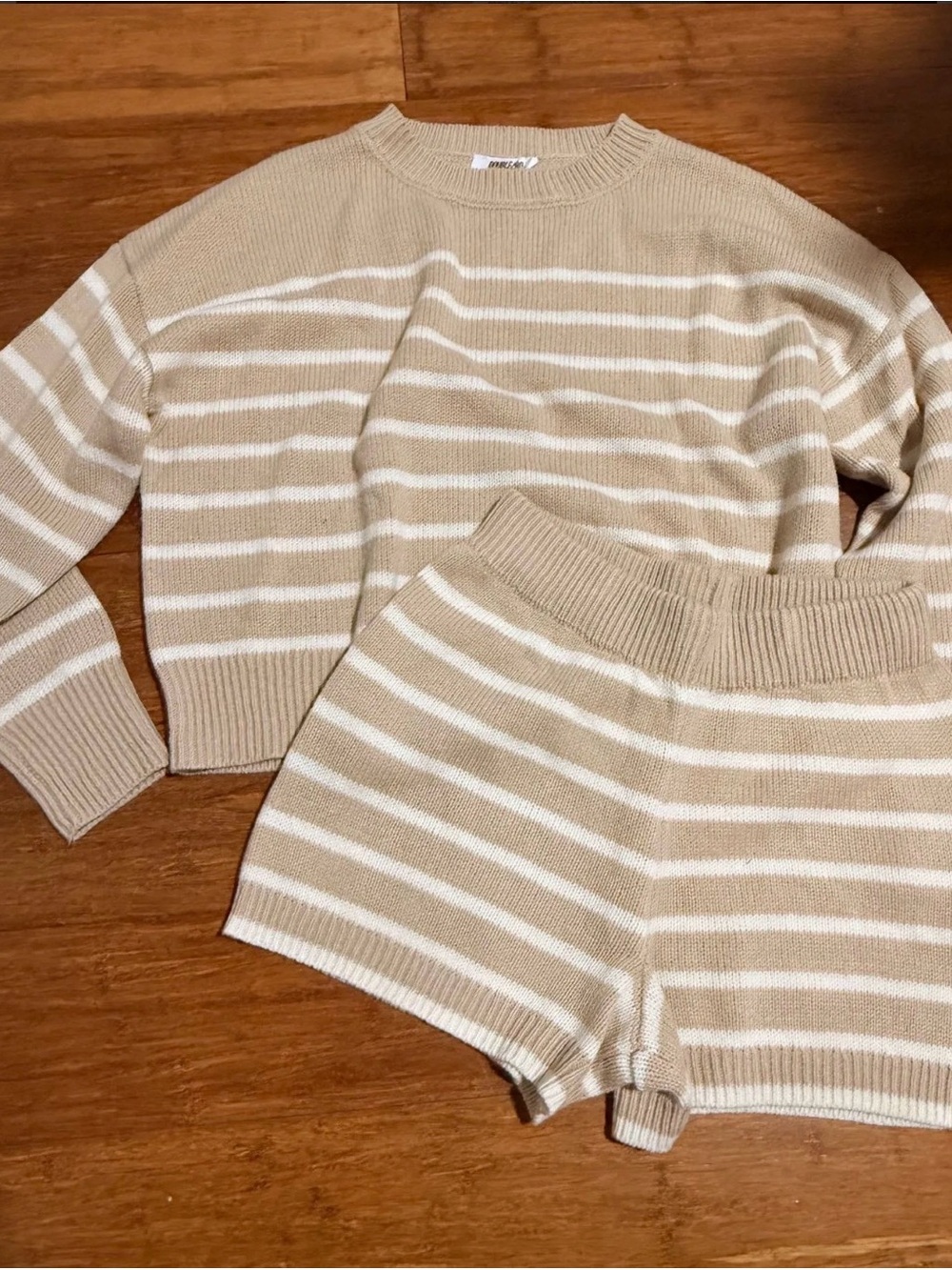 Double Zero Beige and White Striped Crewneck Sweater & Knit Shorts Set